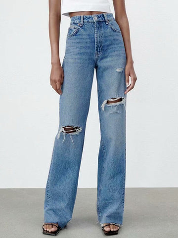 Airchics longue jeans droit larges jambes évasé déchiré troué femme mode